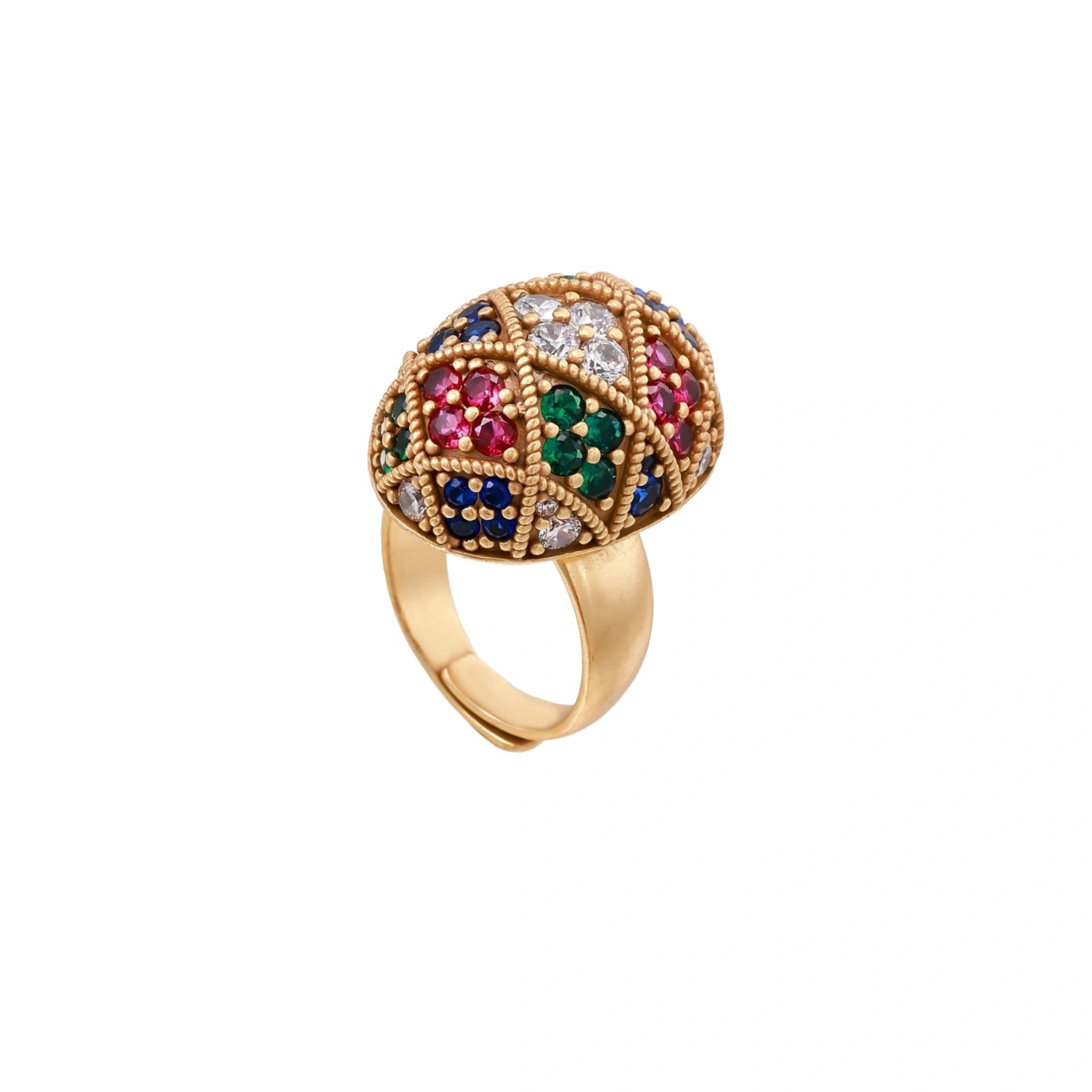 Oversized gold ring with geometric mosaic pattern featuring multicolor zirconia stones in ruby, emerald, sapphire, and clear tones.