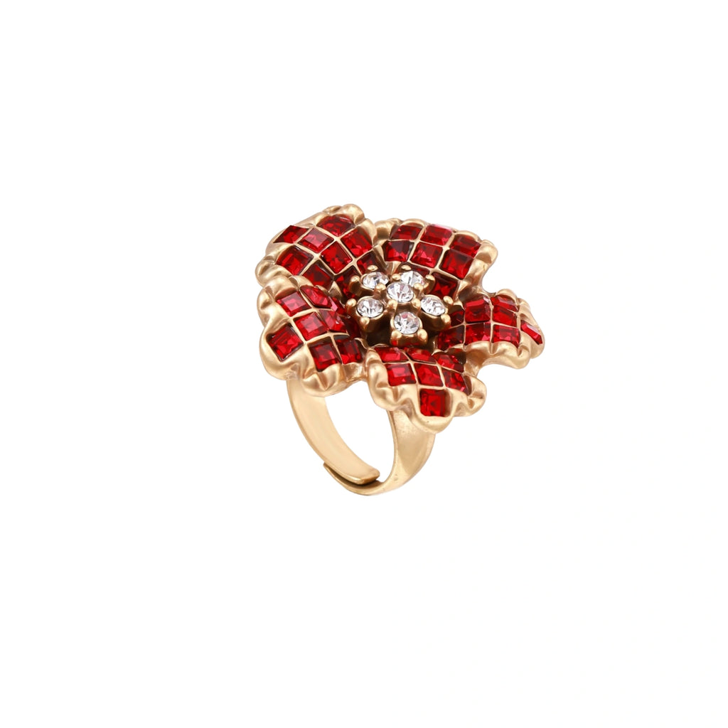 Gold-plated brass ring with red zirconia petals & crystal center in dimensional floral design