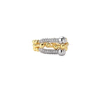 Triple-band gold ring with spherical bead chains and two crystal-pavé bars on cream background