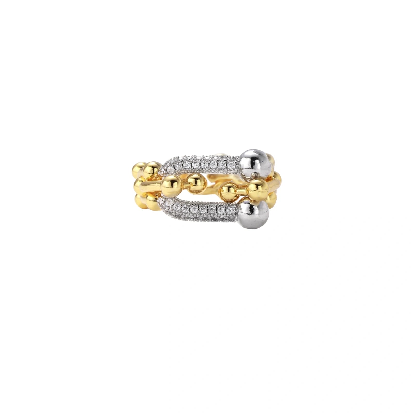 Triple-band gold ring with spherical bead chains and two crystal-pavé bars on cream background