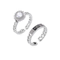 Two adjustable white gold plated rings with chain-link bands, featuring cubic zirconia halo and enamel details