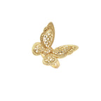 Intricate gold-plated butterfly ring with filigree cutout wings and adjustable band on white background.