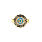 Gold chain ring with Greek key border and turquoise evil eye center on white background