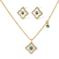 Gold-plated jewelry set with diamond-shaped pendants featuring white centers, green stones, and sparkling zirconia borders