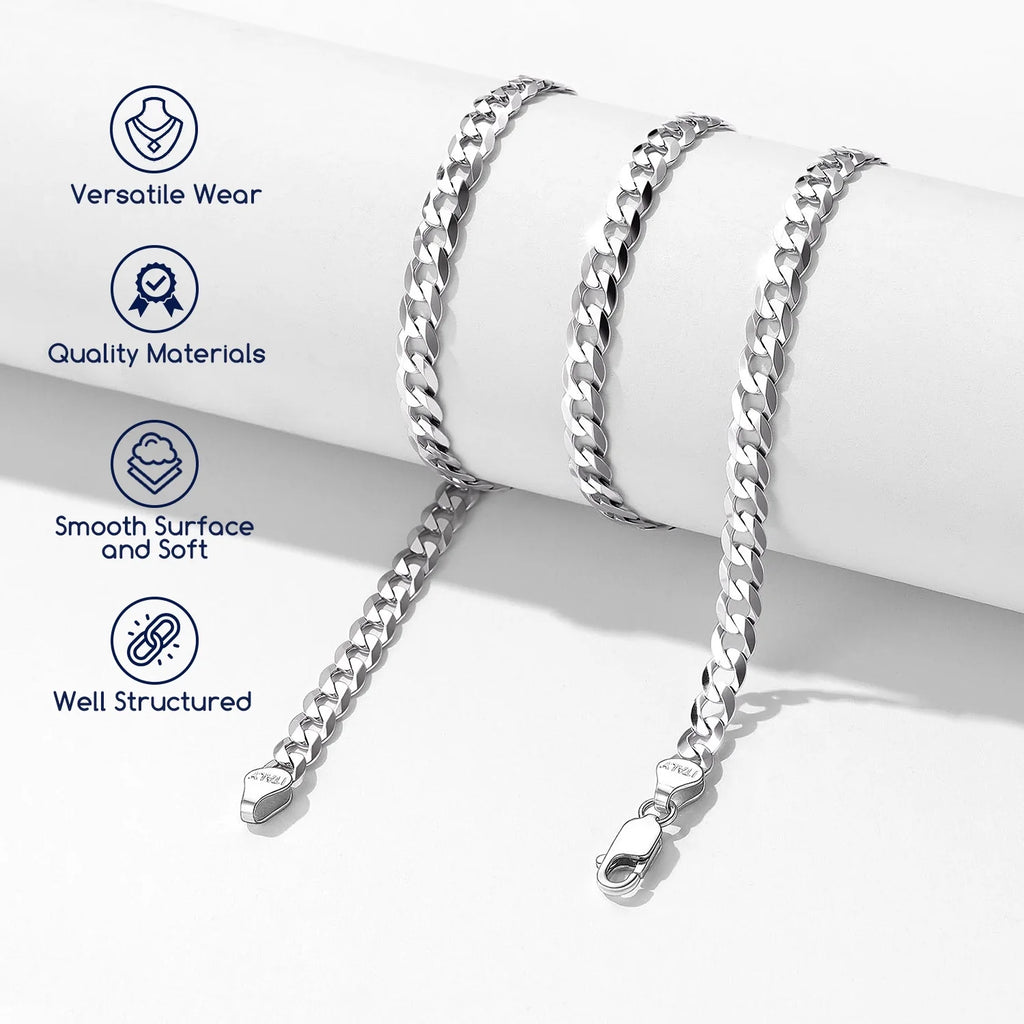 Solid 925 Sterling Silver Men Jewelry, 5Mm Flat Curb Cuban Link Chain Necklace