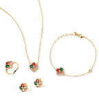 Gold-plated clover jewelry set with red, pink, green and champagne CZ stones surrounded by crystal borders