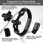 Black Thor'S Hammer Bracelet for Men, Leather Stainless Steel Wristband Viking Amulet Charm Jewelry Gifts for Son Boyfriend Dad Husband