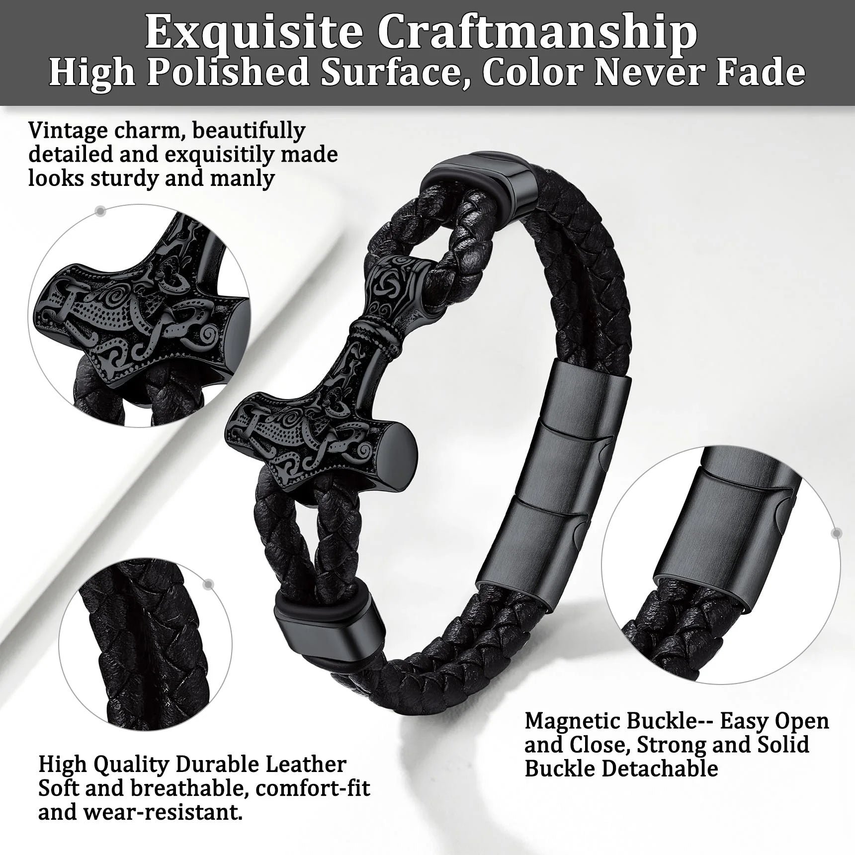 Black Thor'S Hammer Bracelet for Men, Leather Stainless Steel Wristband Viking Amulet Charm Jewelry Gifts for Son Boyfriend Dad Husband