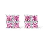 White gold plated jewelry set with pink cubic zirconia stones in geometric cross design, featuring Y-necklace and square stud earrings