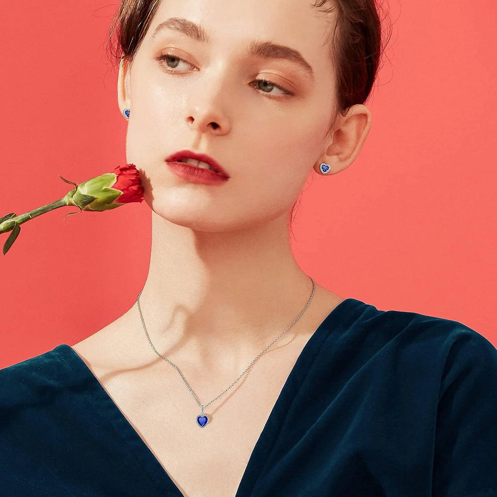 Birthstone Stud Earrings for Women, Pure 925 Sterling Silver Heart Created Diamond Studs Earrings Valentines Day/Birthday Gifts - September