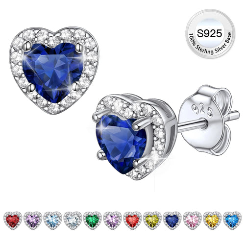 Birthstone Stud Earrings for Women, Pure 925 Sterling Silver Heart Created Diamond Studs Earrings Valentines Day/Birthday Gifts - September