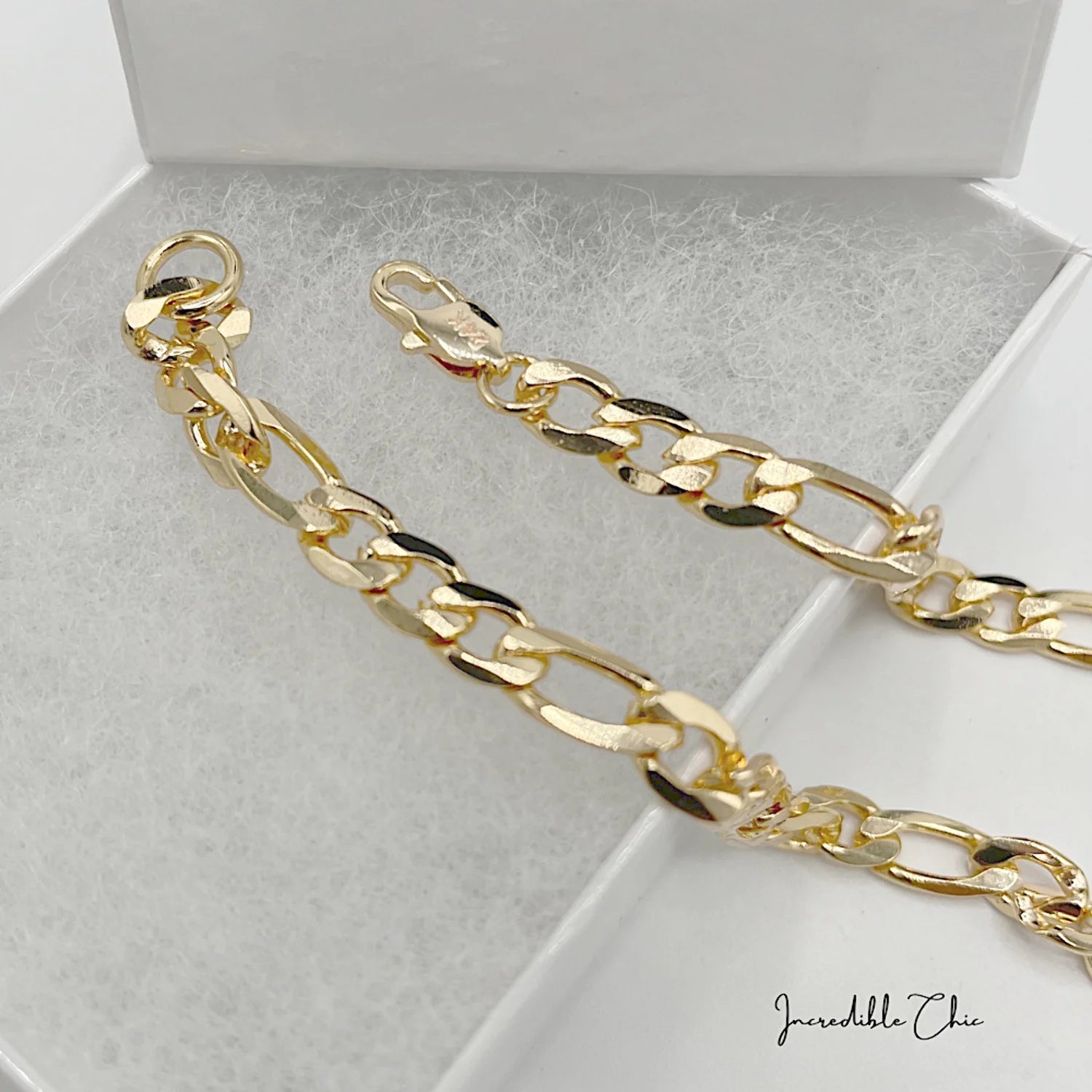 24K Figaro Chain 5Mm Necklace Women Men Jewelry Strong Solid Clasp Gift with Lobster Plated Clasp "22