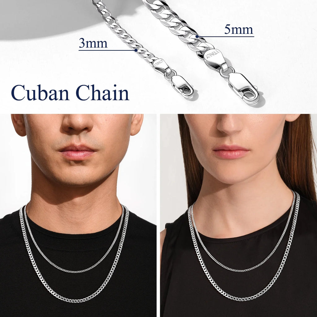 Solid 925 Sterling Silver Men Jewelry, 5Mm Flat Curb Cuban Link Chain Necklace