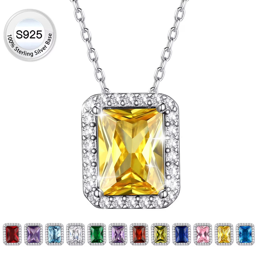 Pure 925 Sterling Silver Pendant Necklace Square Cut Crystal Birthstone Necklaces November Yellow Citrine Valentins Day Birthday Gift