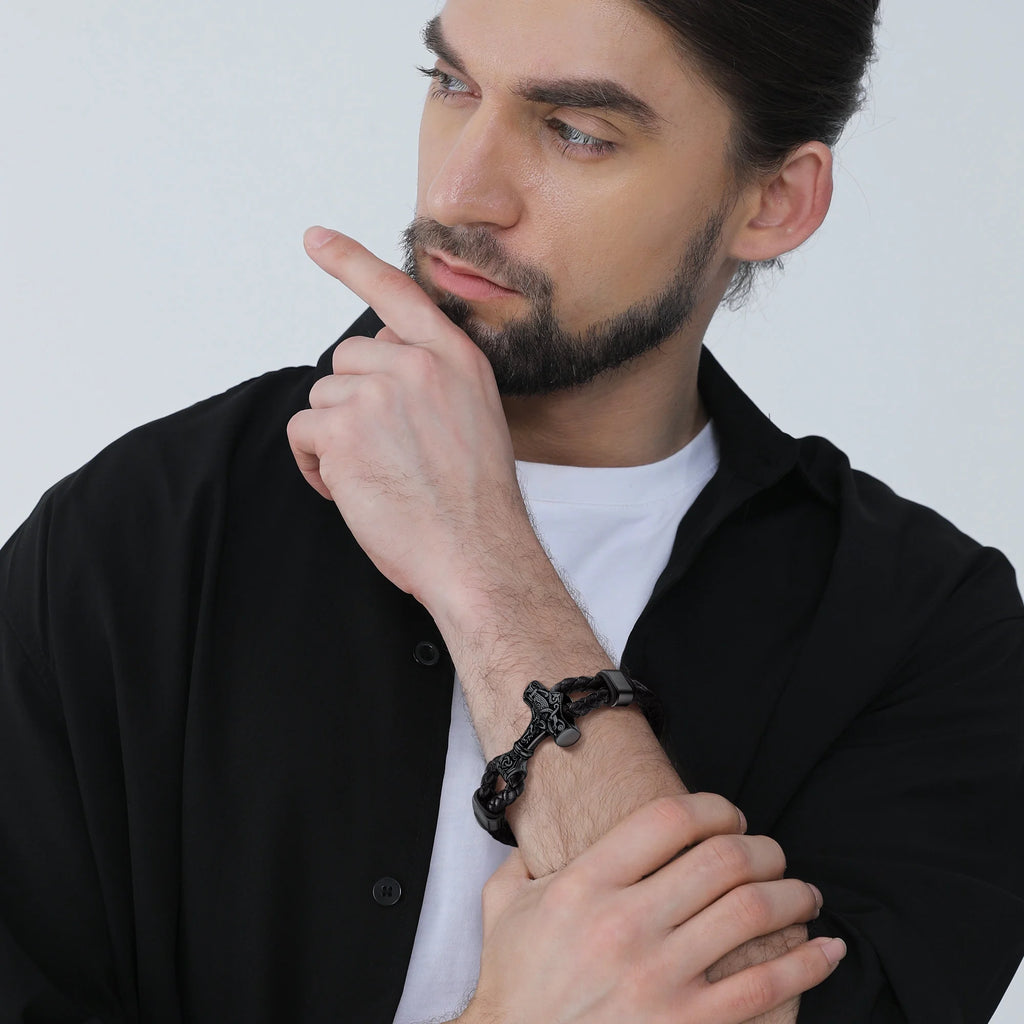 Black Thor'S Hammer Bracelet for Men, Leather Stainless Steel Wristband Viking Amulet Charm Jewelry Gifts for Son Boyfriend Dad Husband