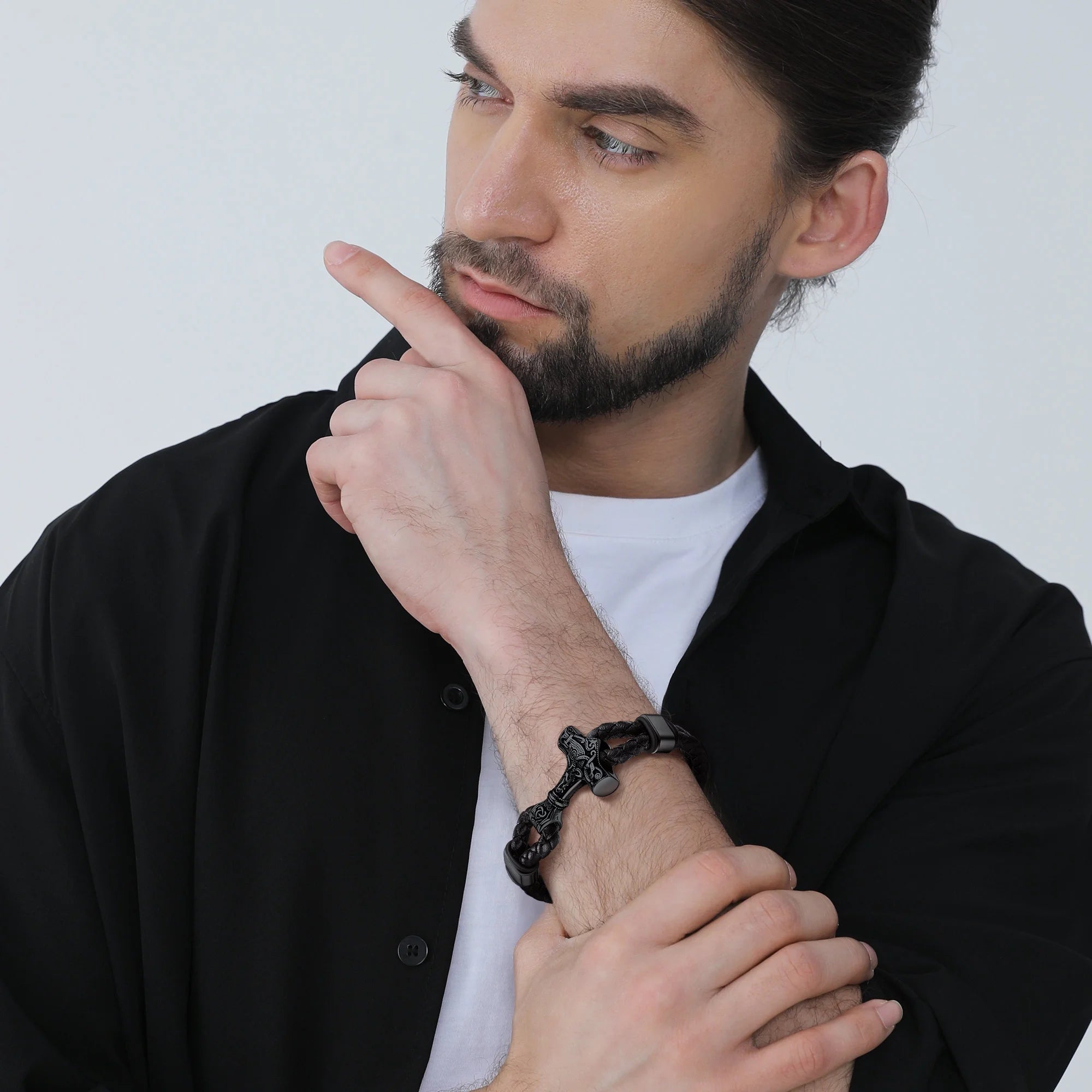Black Thor'S Hammer Bracelet for Men, Leather Stainless Steel Wristband Viking Amulet Charm Jewelry Gifts for Son Boyfriend Dad Husband
