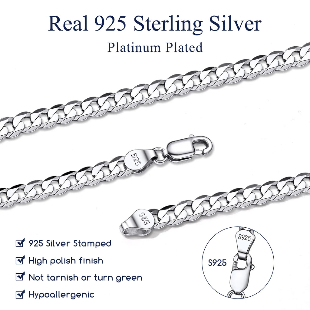 Solid 925 Sterling Silver Men Jewelry, 5Mm Flat Curb Cuban Link Chain Necklace