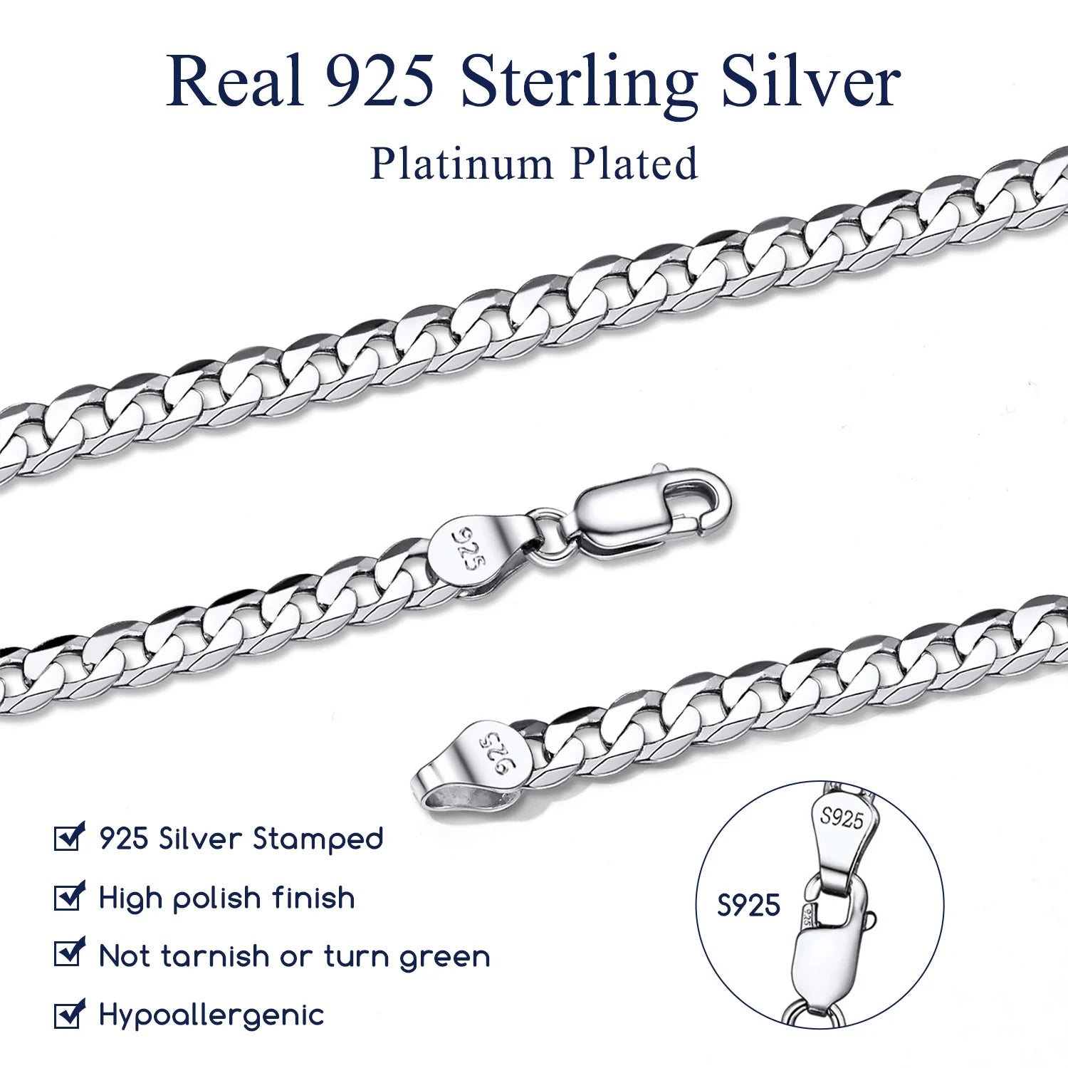 Solid 925 Sterling Silver Men Jewelry, 5Mm Flat Curb Cuban Link Chain Necklace