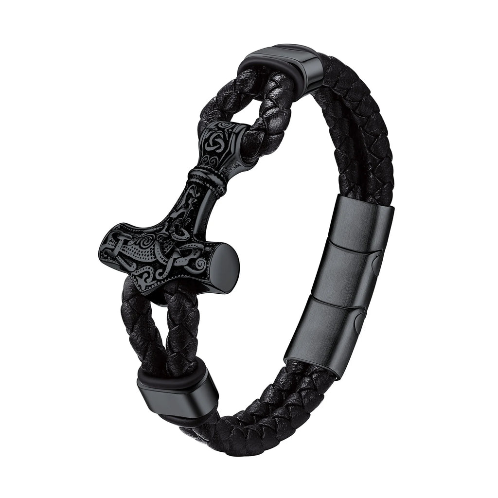 Black Thor'S Hammer Bracelet for Men, Leather Stainless Steel Wristband Viking Amulet Charm Jewelry Gifts for Son Boyfriend Dad Husband
