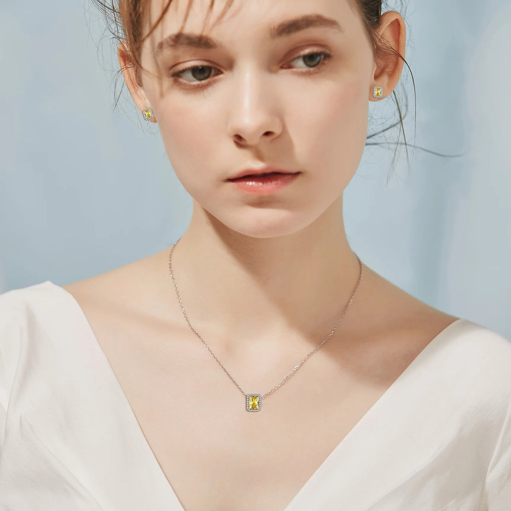 Pure 925 Sterling Silver Pendant Necklace Square Cut Crystal Birthstone Necklaces November Yellow Citrine Valentins Day Birthday Gift