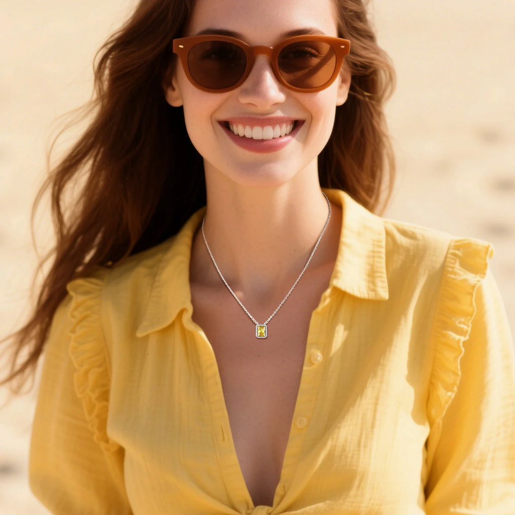 Pure 925 Sterling Silver Pendant Necklace Square Cut Crystal Birthstone Necklaces November Yellow Citrine Valentins Day Birthday Gift
