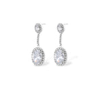 Elegant white gold plated jewelry set with oval cubic zirconia stones in halo settings, featuring Y-necklace and drop earrings.