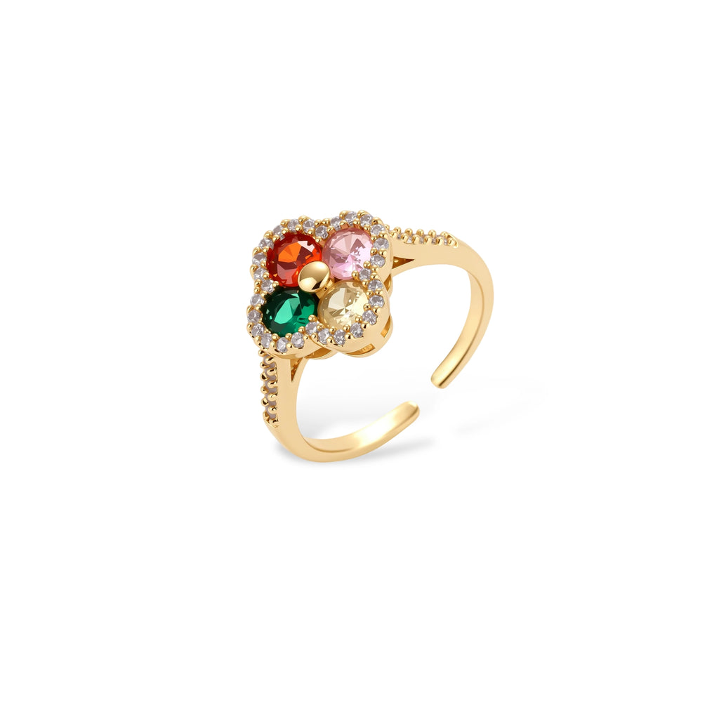 Gold-plated clover jewelry set with red, pink, green and champagne CZ stones surrounded by crystal borders